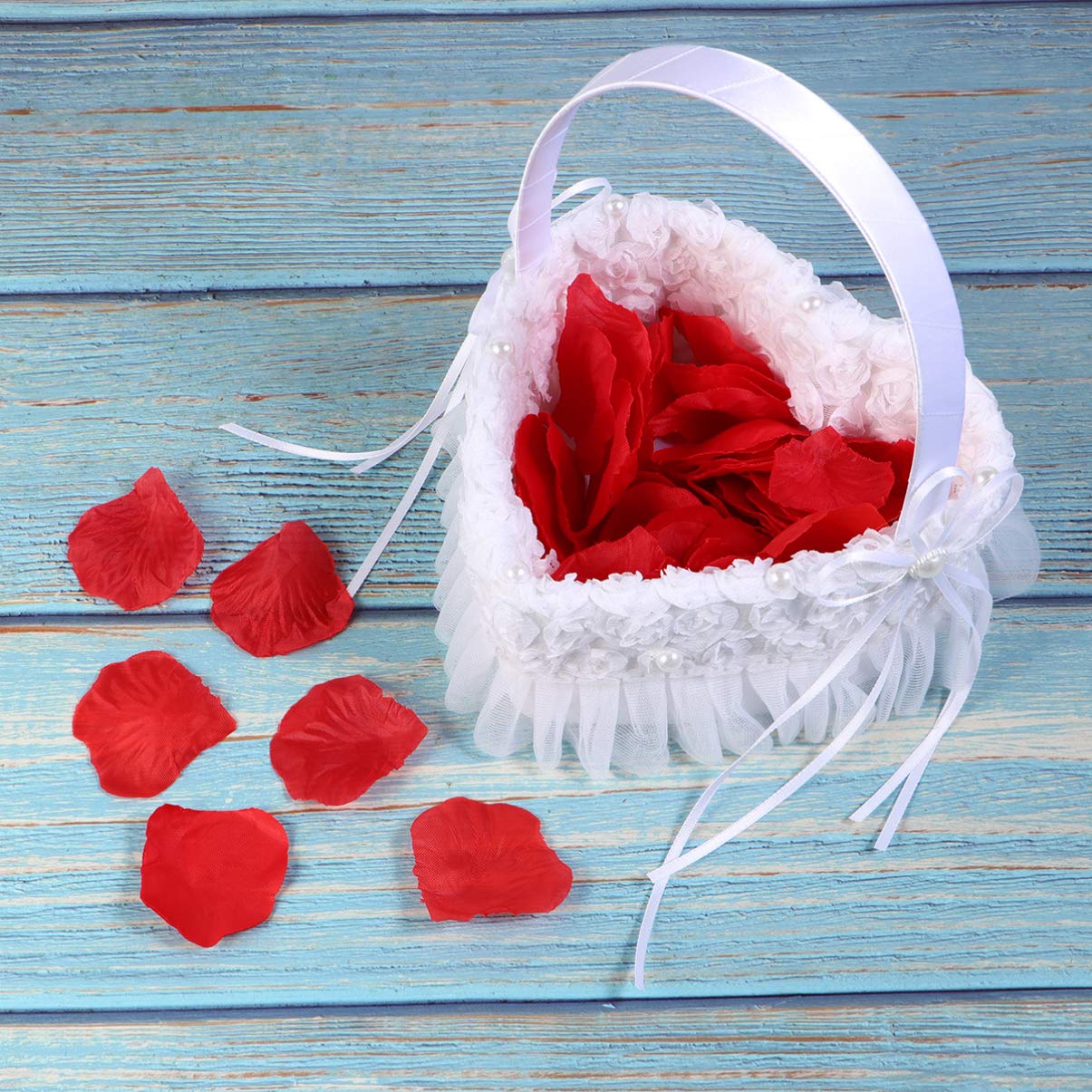 Happyyami White Heart-Shaped Lace Wedding Basket with Satin Roses - Bridal Flower Petal Holder for Wedding Ceremony, Reception & Party Decorations - Perfect for Aisle Scattering, Table Centerpieces & Photo Props