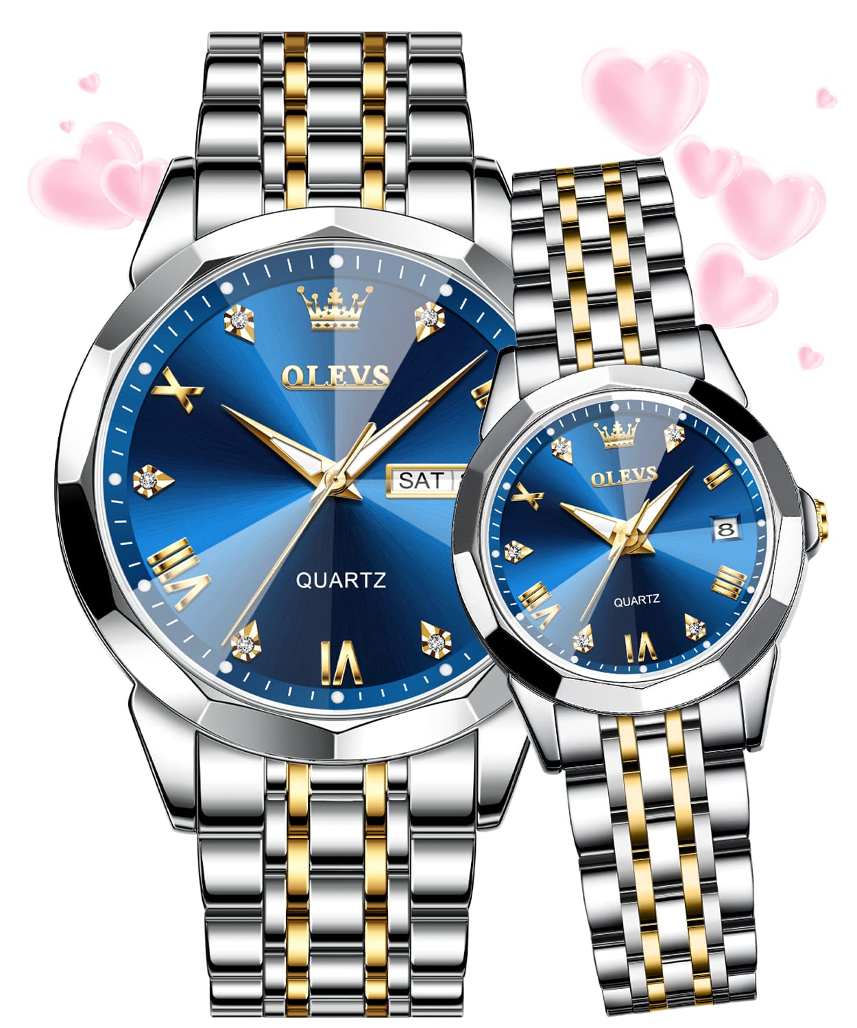 OLEVS His and Her Couple Watches Set - Analog Quartz Business Watches for Men & Women - Stainless Steel Waterproof Luminous Date Wristwatch - Perfect for Anniversary Gifts, Date Nights & Formal Occasions