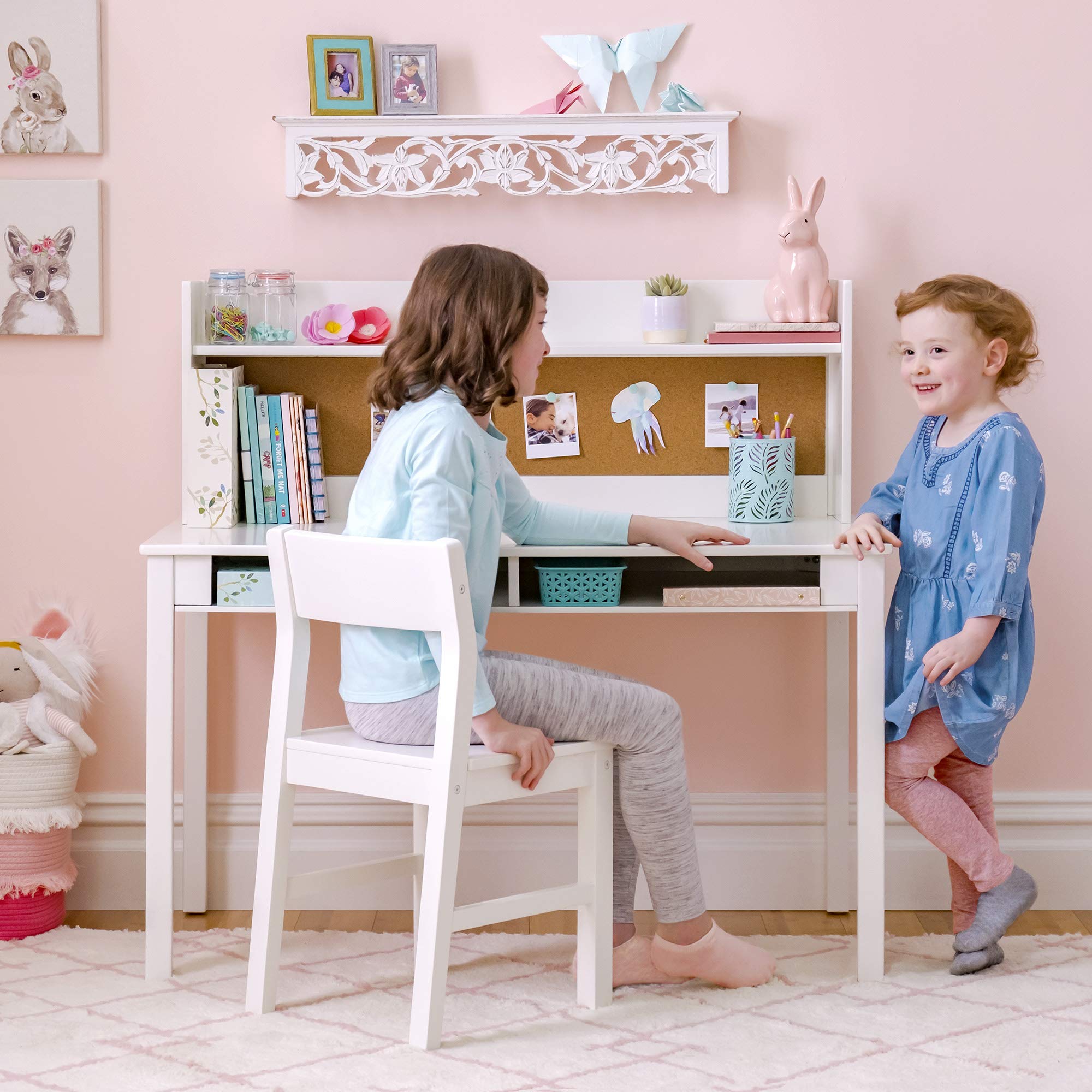 Guidecraft Martha Stewart Kids' Wooden Study Desk with Hutch, Chair & Storage - Cream White | Children's Bedroom Furniture Set with Corkboard for Ages 5-12 | Perfect for Homework, Art Projects & Study Space Organization