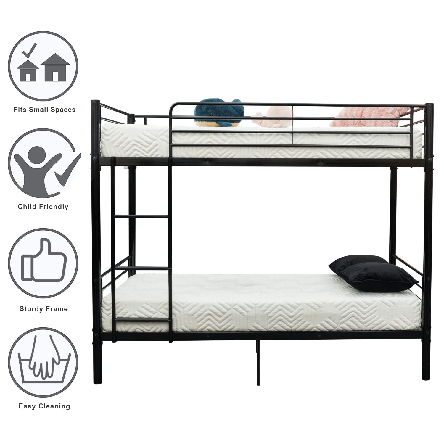 Bonnlo Twin Over Twin Bunk Bed for Kids, Teens & Adults - Heavy Duty Metal Bunk Bed with Flat Ladder & 13