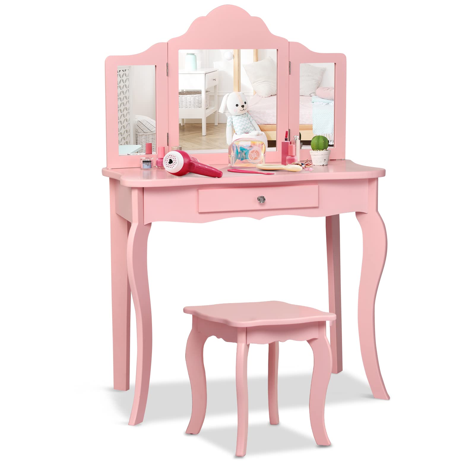 Honey Joy Kids Vanity Set with Mirror & Stool - Wooden Toddler Makeup Table for Girls (Pink) - Perfect for Pretend Play & Room Decor