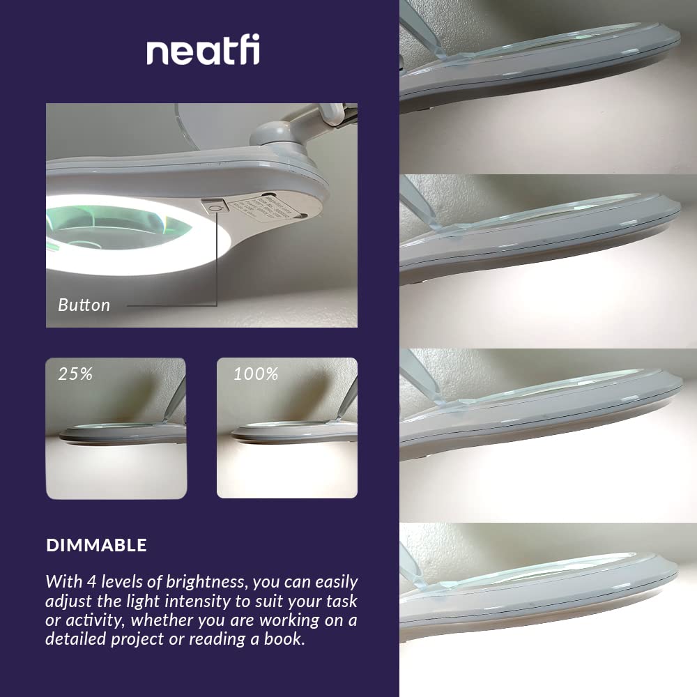 Neatfi (New Model) 1200 Lumens LED Magnifying Lamp with Clamp - 5 Inch Lens, Dimmable, 60 SMD LEDs, Adjustable Arm - 5 Diopter + 20 Diopter Bifocals - Perfect for Reading, Crafts, Jewelry Making & Detailed Work (White)