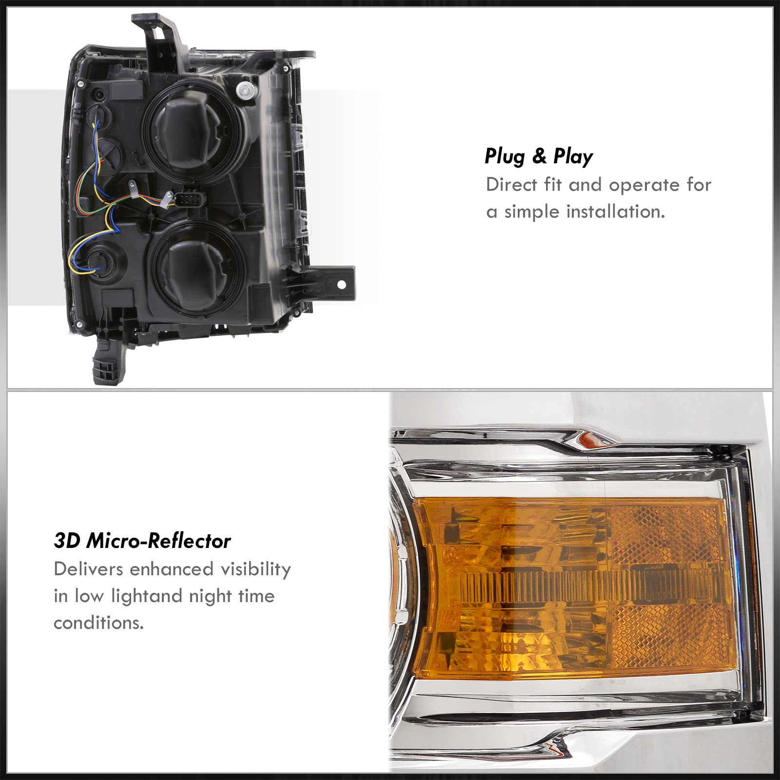 Chrome Housing Amber Reflector Signal Projector Headlights Assembly Pair Set LH+RH Compatible with Chevy Silverado 1500 Pickup 2014-2015 - Upgrade Your Truck Lighting for Night Driving & Off-Road Adventures