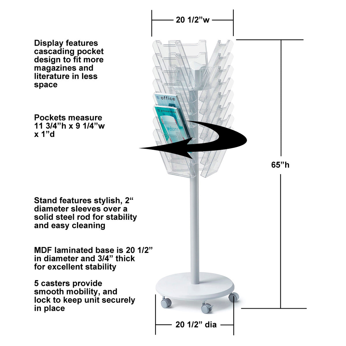 24-Pocket Mobile Revolving Literature Display Stand with Crystal Clear Cascading Pockets - Perfect for Office Presentations, Trade Shows & Classroom Organization