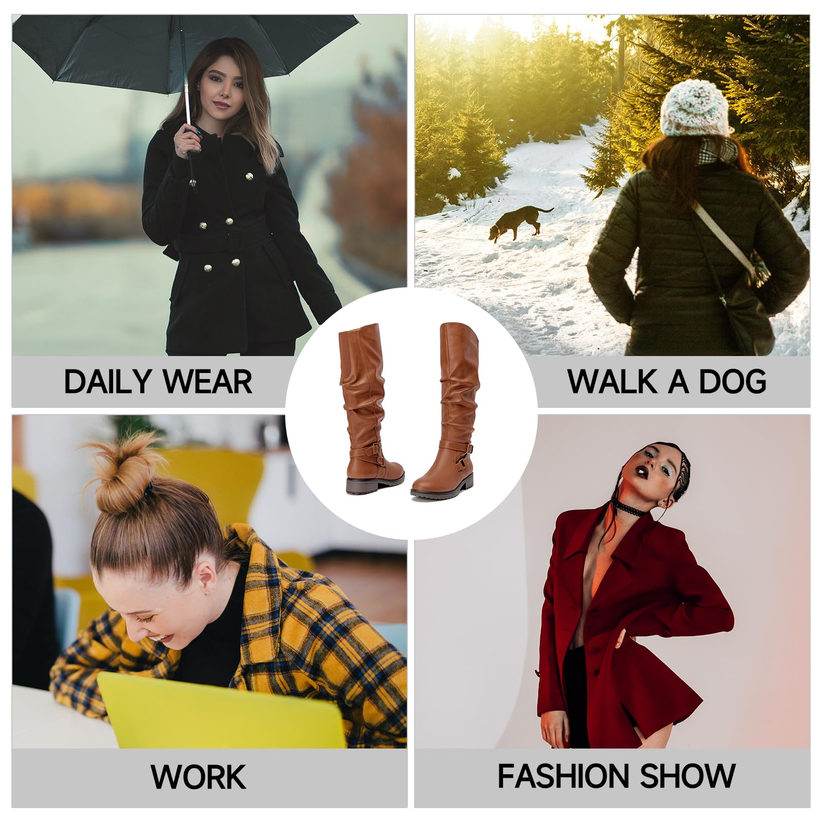 SelenePair Women's Fashion Knee High Boots - Flat Low Heel Slouchy Riding Boots with Side Zip & Adjustable Buckles | Perfect for Casual Outfits, Workwear & Winter Fashion