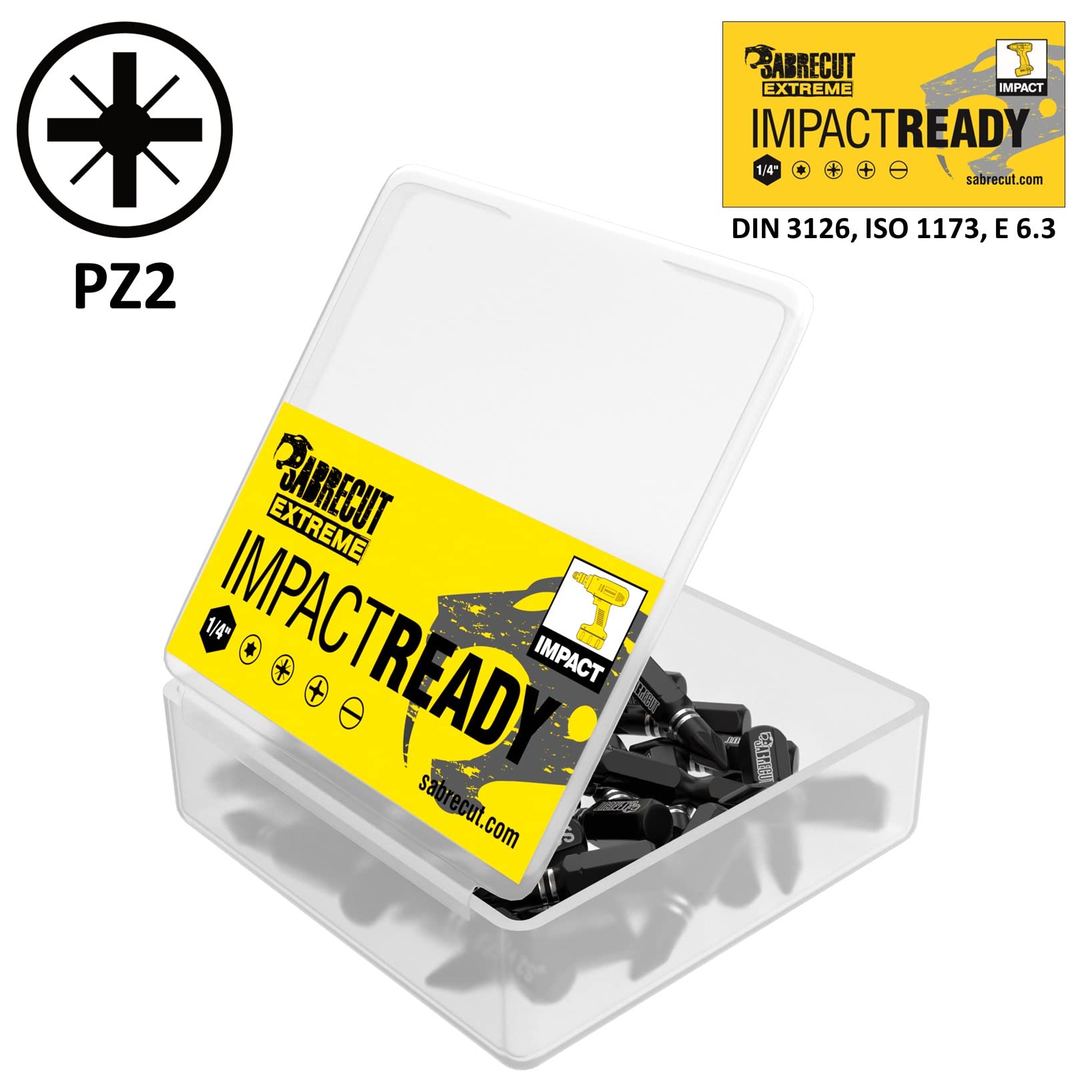 SabreCut SCPA25_41 41-Piece Impact Screwdriver Bit Set - 25mm PZ2 Pozidriv #2 Single-End Heavy Duty Bits with Bit Holder & Storage Case - Ideal for Construction, Automotive, and DIY Projects