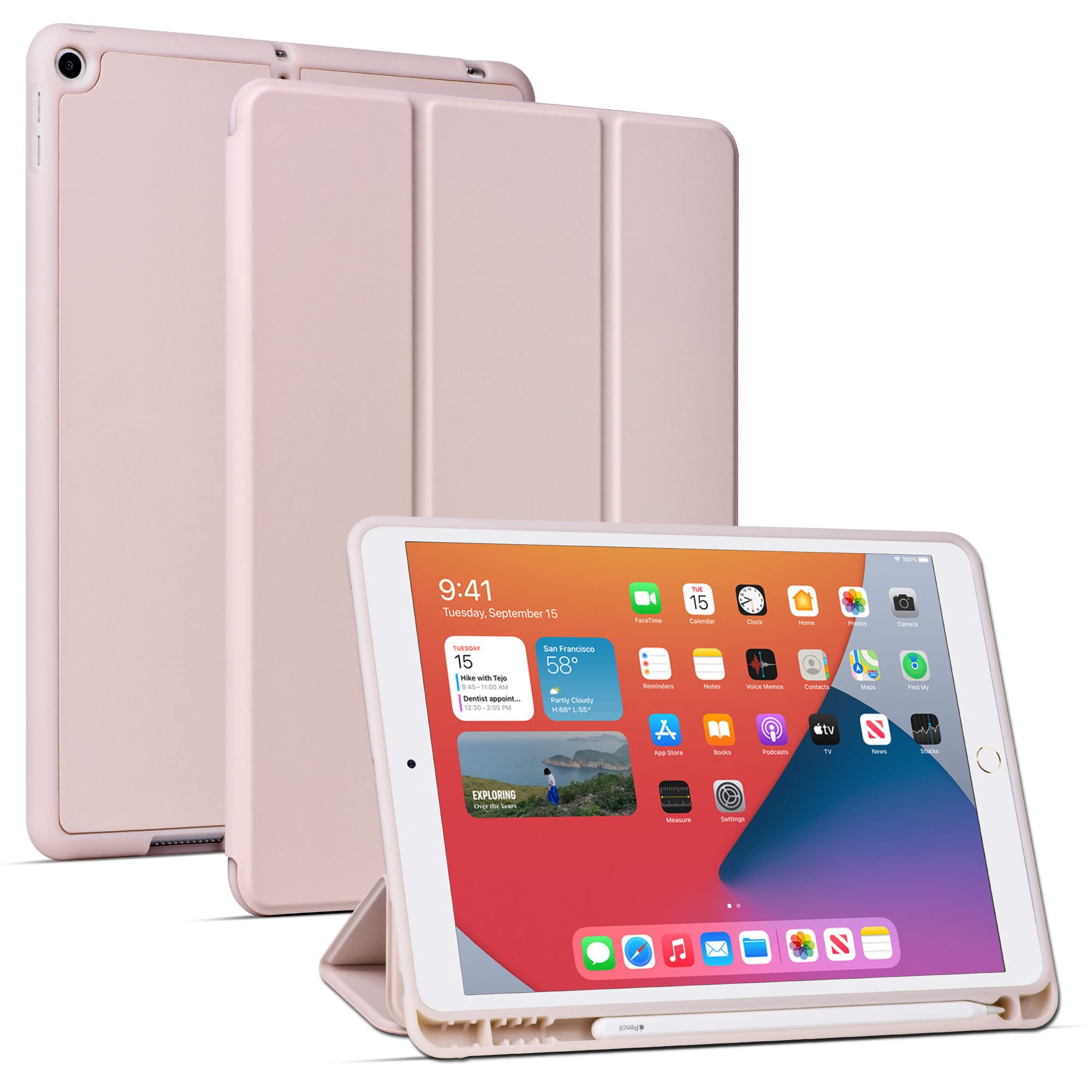 Arae iPad 10.2 inch Case Compatible with iPad 9th/8th/7th Generation (2021/2020/2019) - Auto Wake/Sleep, Pencil Holder, Adjustable Stand Cover in Rose Gold - Perfect for Work, Study & Travel