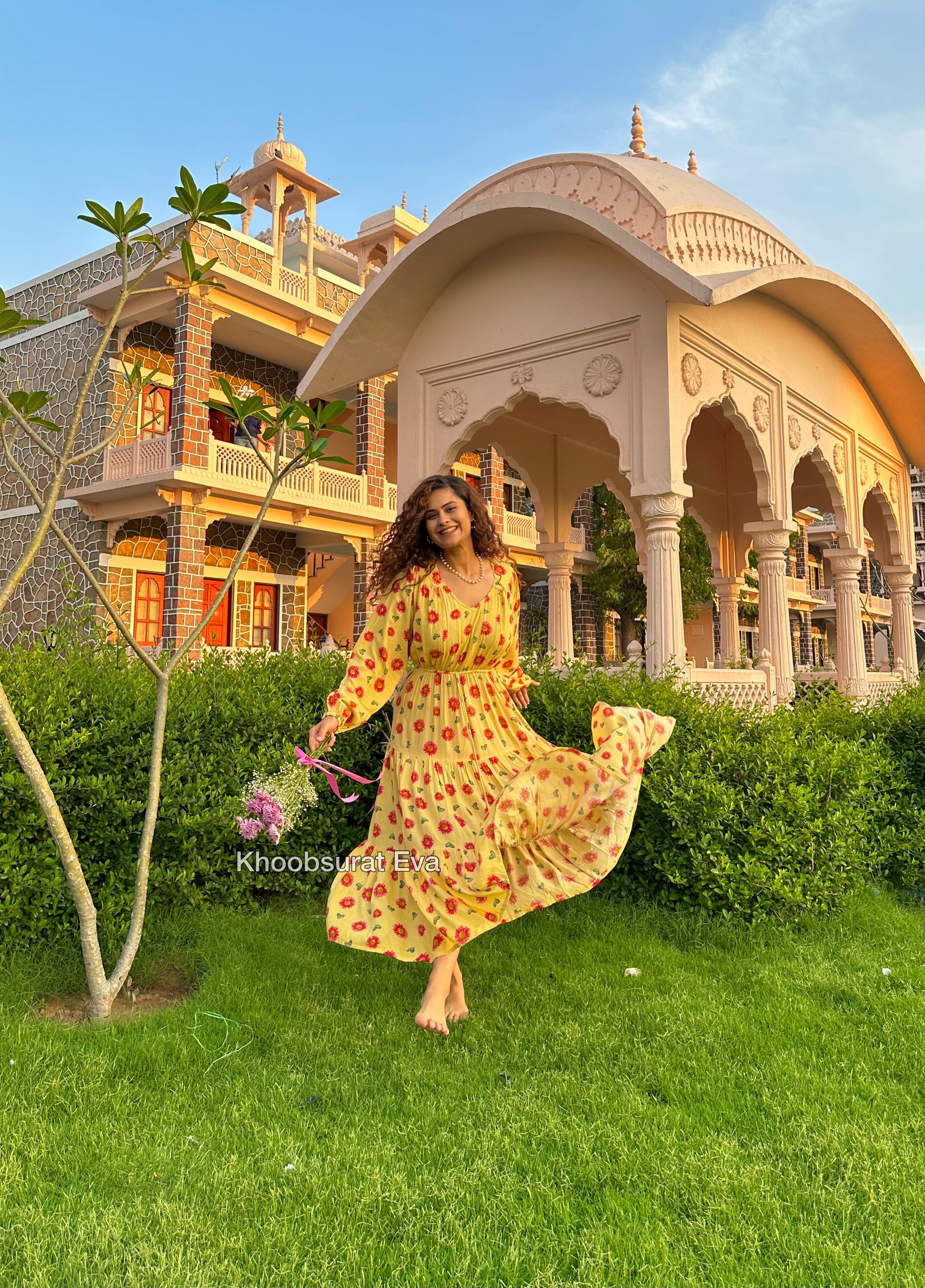 Lily Yellow Ruffle Midi Dress - Flowy Summer Dress for Women, Beach Wedding Guest Outfit, Boho Chic Party Dress