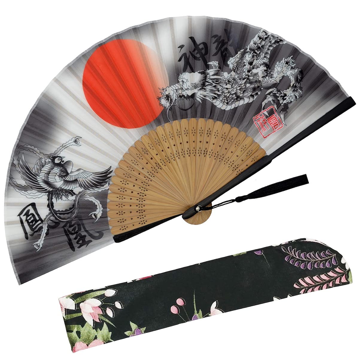 Zolee Folding Hand Fan for Women - Vintage Chinese Japanese Bamboo Silk Fan - Portable Cooling Fan for Hot Flashes, Wedding, Dance Performance, Home Decor, Gift (Dragon & Phoenix Design) - Perfect for Summer, Outdoor Events & Cultural Celebrations