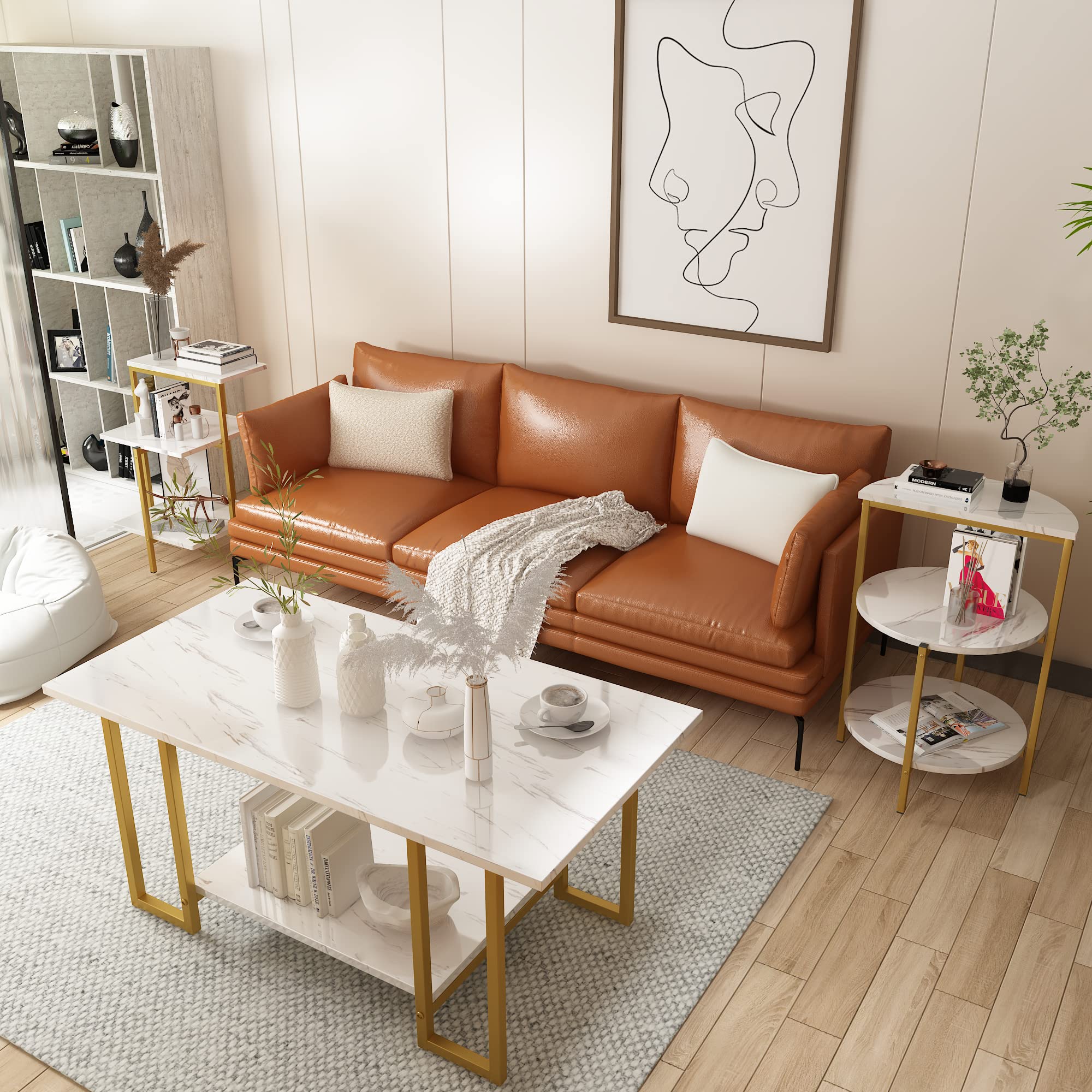 Stylish AWQM Faux Marble Coffee Table Set with 2 Side Tables - White & Gold Metal Frame 3-Piece Living Room Furniture for Apartments | Perfect for Small Spaces, Modern Decor & Entertaining Guests
