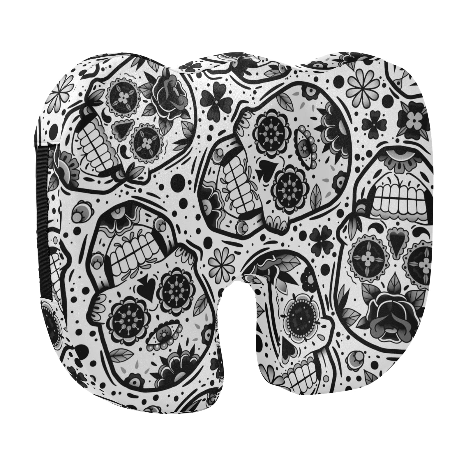 Mexican Sugar Skull Memory Foam Seat Cushion Cover - Floral Sugar Skull Design, Stretchable & Washable U-Shaped Cushion Cover (17x14x2.2 Inch) for Office Chair, Car Seat & Home Decor | Dia de Los Muertos Inspired Gift
