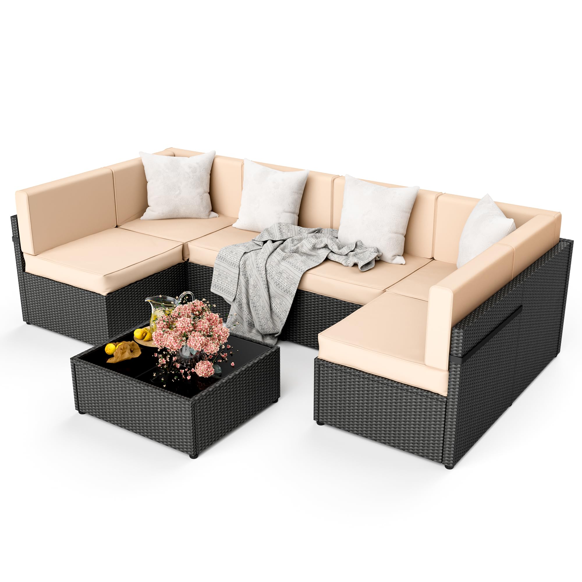 Pamapic 7-Piece Outdoor Rattan Sectional Sofa Set with Coffee Table & Washable Cushions - Cream Patio Furniture for Garden, Poolside & Backyard Relaxation