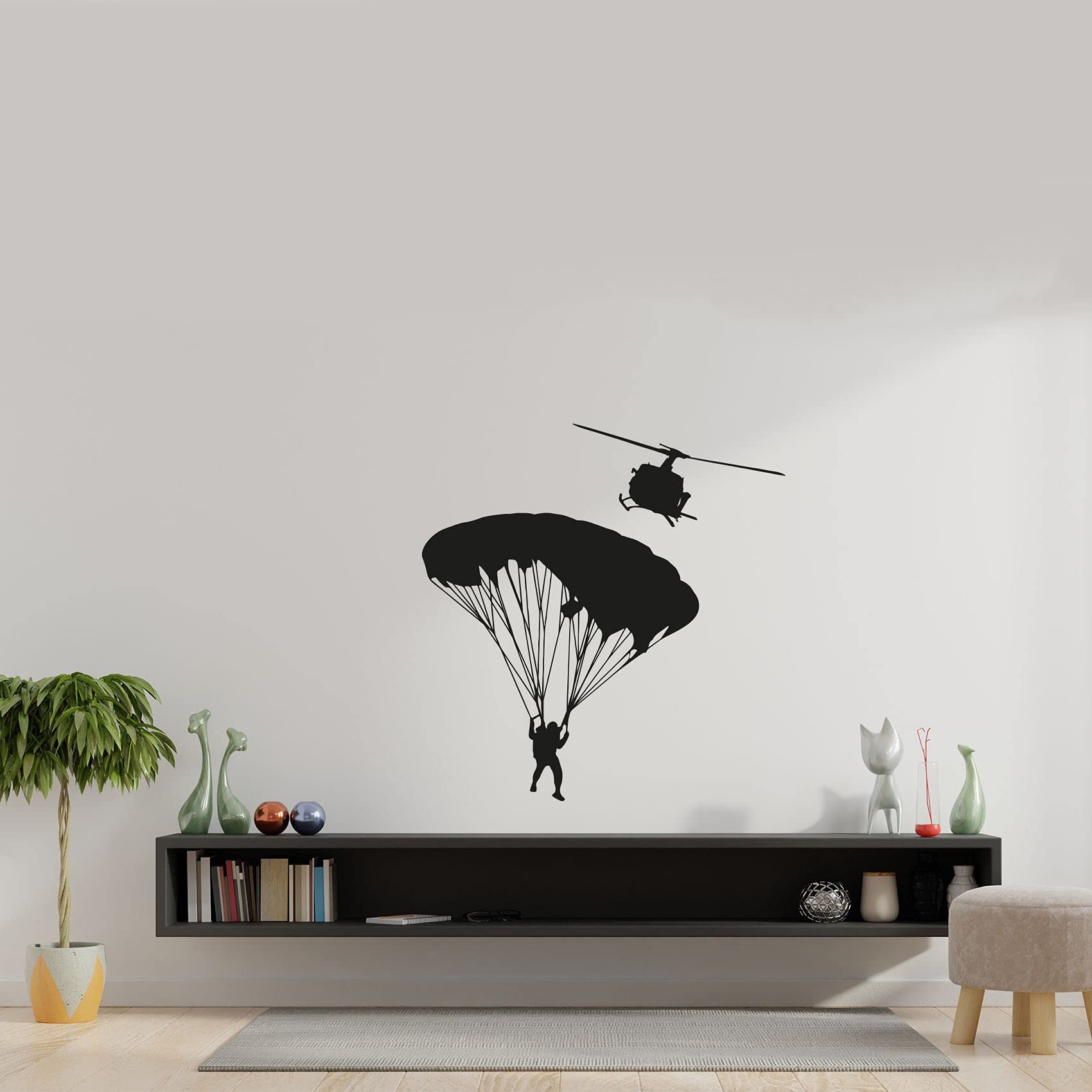 Military Swat Team Army Soldier Helicopter Parachute Vinyl Wall Decal - 28x30 Inch Removable Sticker for Boys Girls Room, Playroom, Bedroom & Home Gym Decor - Perfect for Kids' Room Themes & Military Enthusiast Wall Art