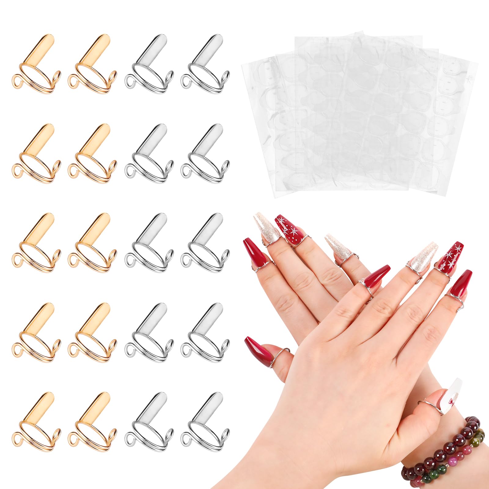 20Pcs Reusable Wudu Nail Rings for Muslim Women - Adjustable Detachable Halal Nail Accessories with 120Pcs Adhesive Tabs (Gold & Silver) | Perfect for Prayer, Daily Wear & Special Occasions