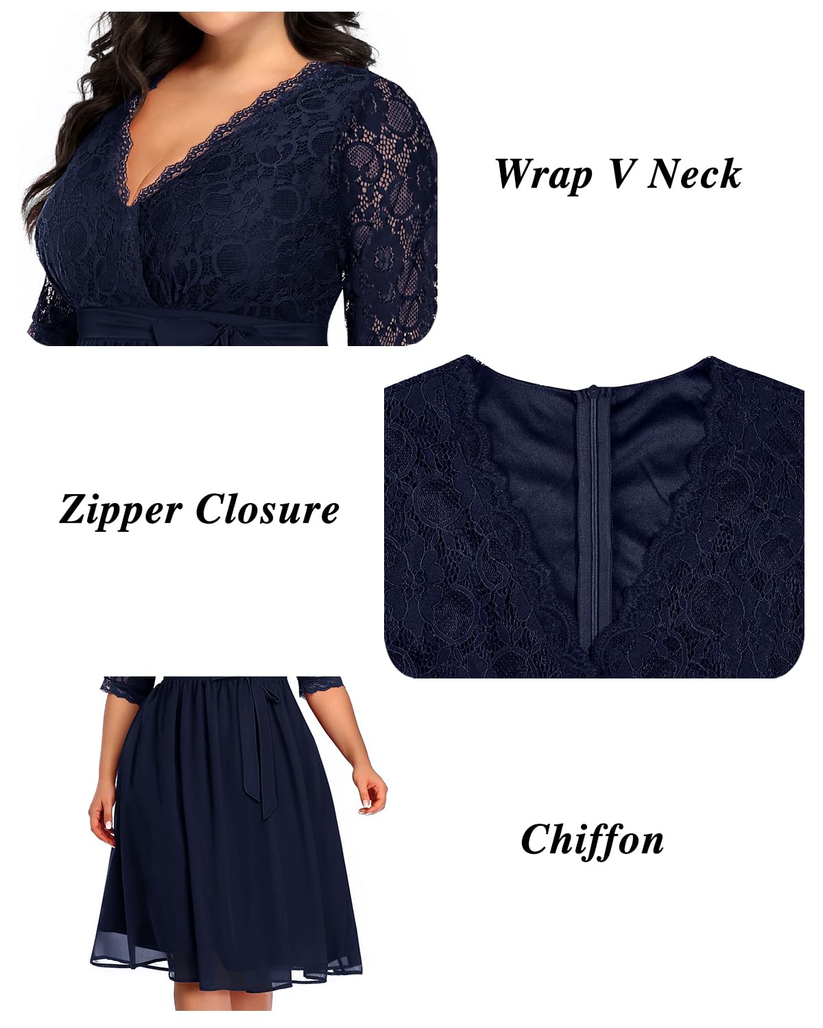 Plus Size Lace Chiffon Wrap V-Neck Cocktail Dress for Women - Elegant Wedding Guest Midi Dress | Perfect for Parties, Bridal Showers & Special Occasions