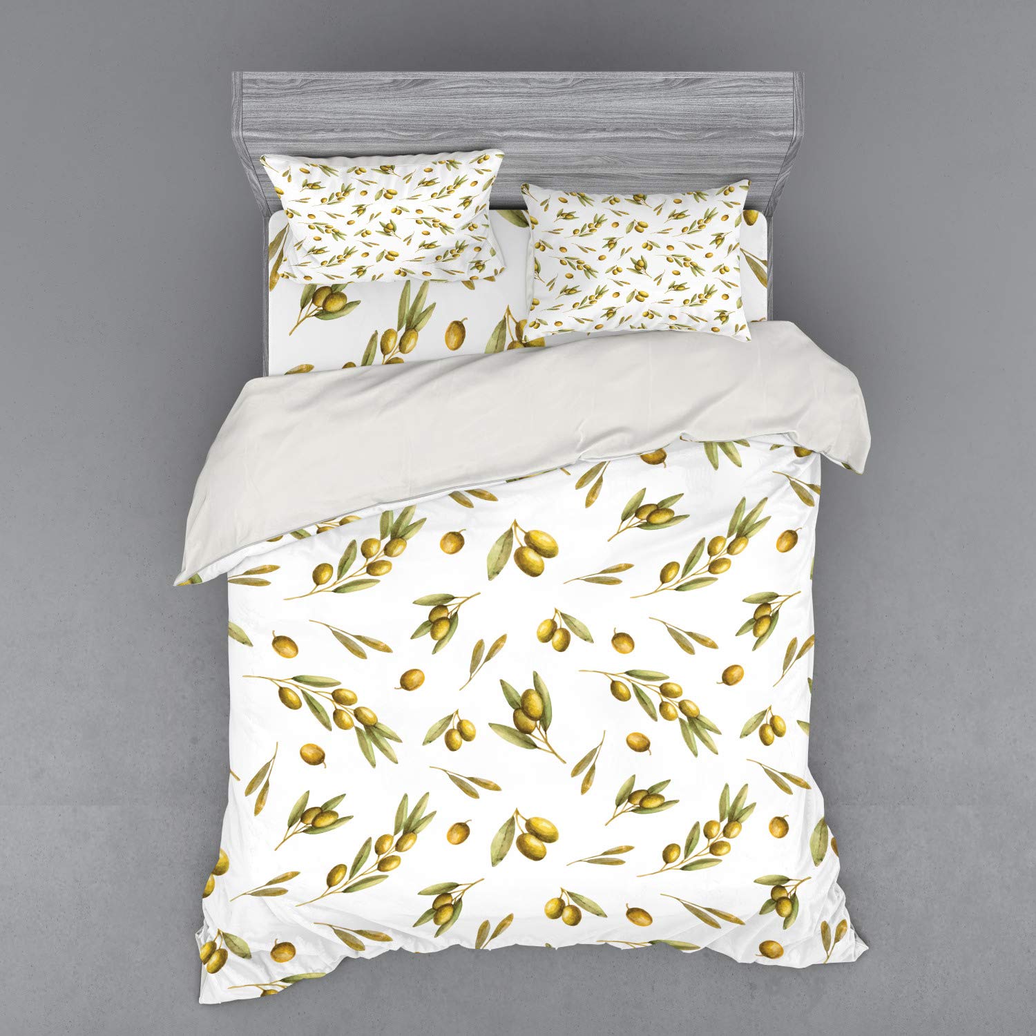 Ambesonne Olive Leaf Bedding Set - 4 Piece Queen Size Duvet Cover with Shams & Fitted Sheet, Mediterranean Watercolor Olive Branches Nature Print in Green & Yellow - Perfect for Bohemian & Coastal Bedroom Decor