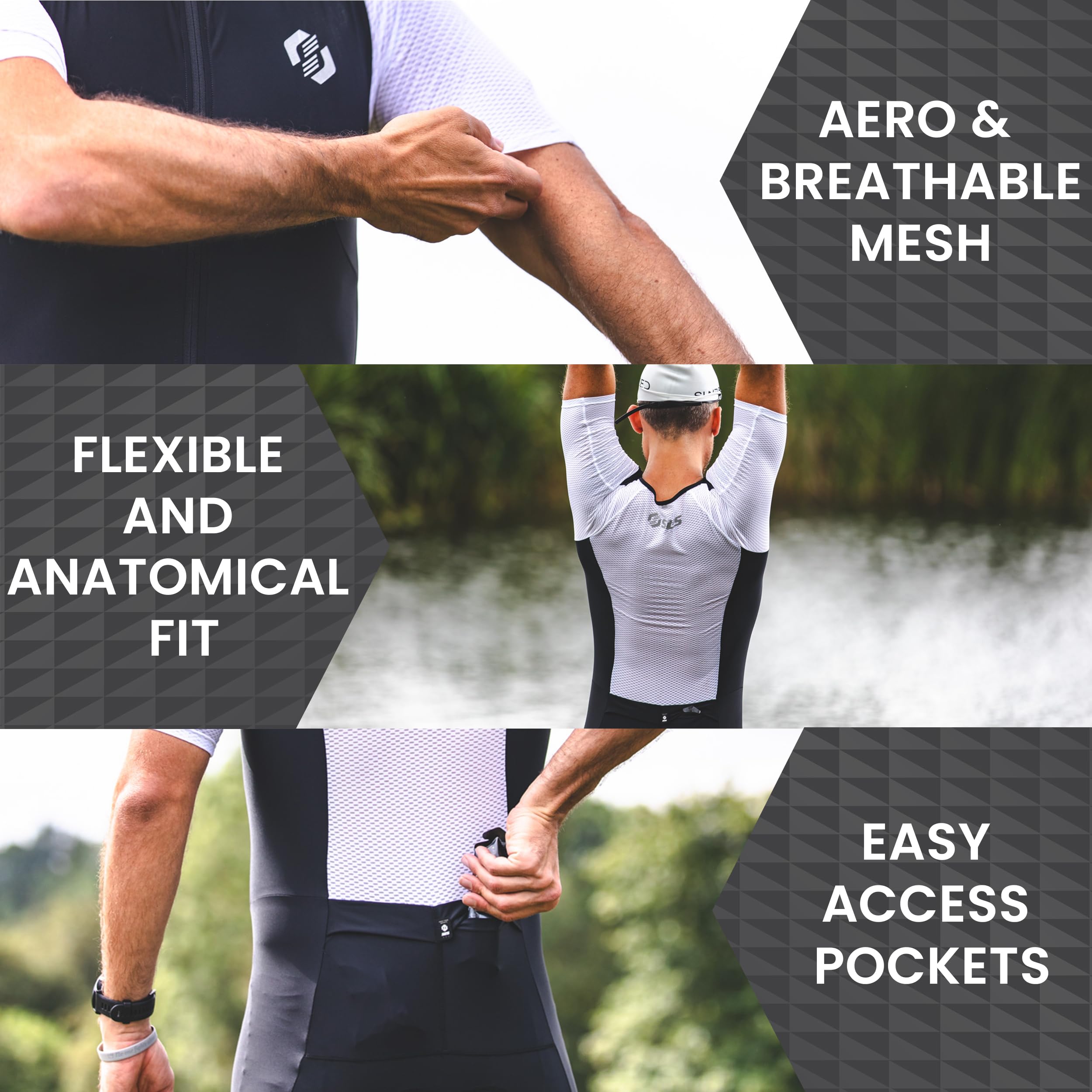 **Men's Triathlon Suit - Aerodynamic Sleeved Tri Suit for Men - PRO FX Premium Fabric - Lightweight Triathlon Gear with 2 Pockets (Black/Blue Geo, Large) - Ideal for Ironman, Sprint & Olympic Triathlons**