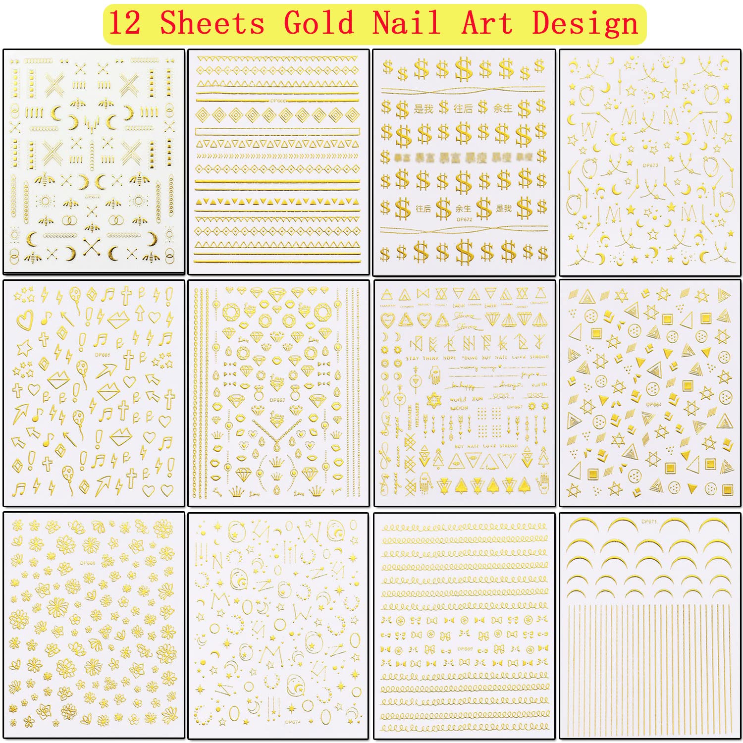 12 Sheets Gold Nail Art Stickers Set - Metallic Star, Heart, Moon & Flower Designs | 3D Self-Adhesive Nail Decals for DIY Manicure & Nail Decoration | Perfect for Parties, Weddings & Special Occasions