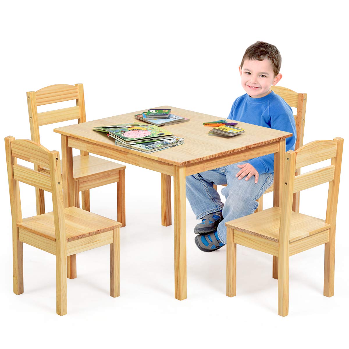 BETTARY Kids Wooden Table and Chair Set - 5 Piece Toddler Activity Furniture for Studying, Crafts, Art & Dining | Sturdy Playroom Set for Ages 2-6 | Perfect for Preschool Learning, Creative Play & Mealtime (Natural Wood)