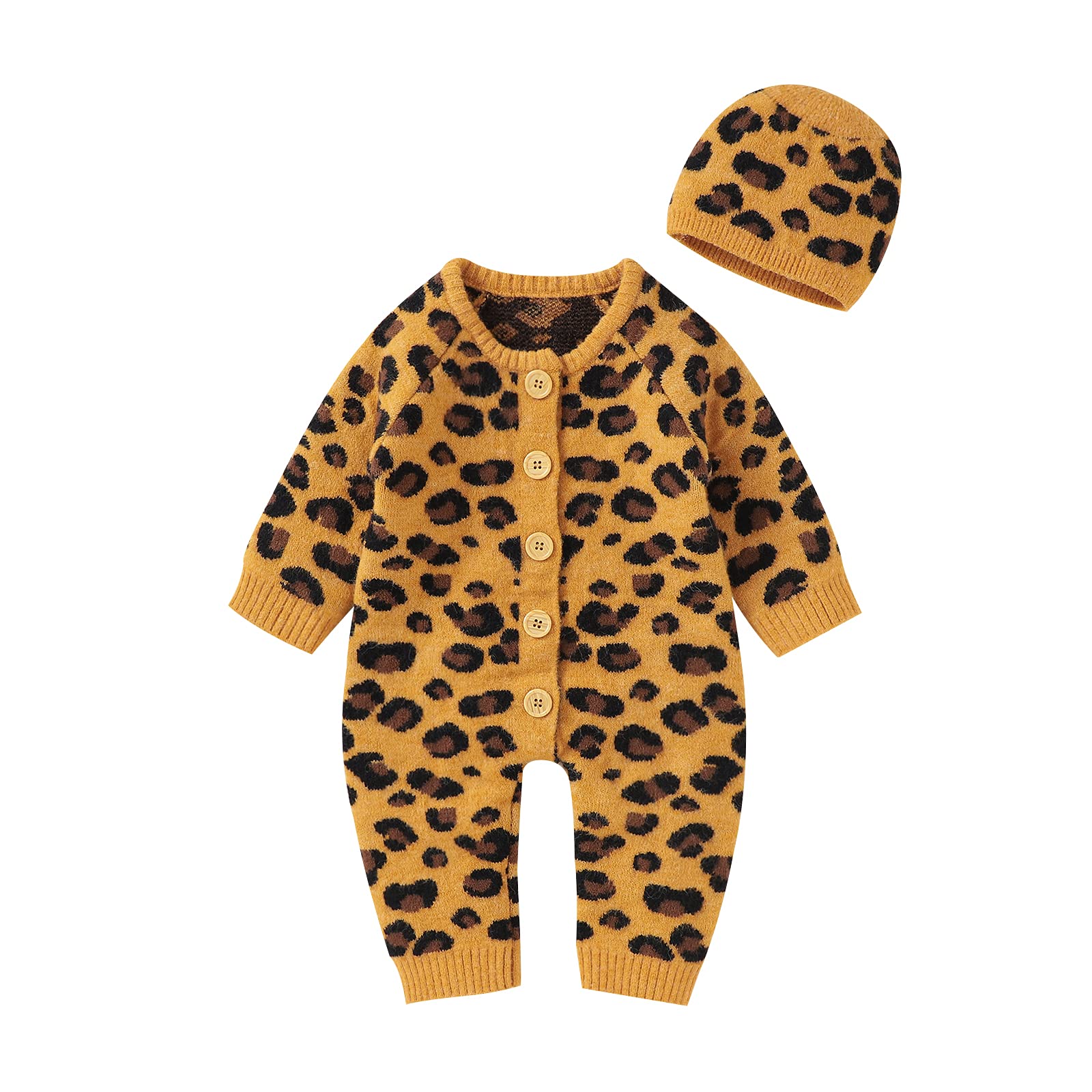 LAWKUL Baby Sweater Set - 2PCS Cable Knit Leopard Print Romper & Crochet Bonnet Outfit for Newborns & Infants | Soft & Cozy Winter Wear for Photo Shoots, Holidays & Family Gatherings
