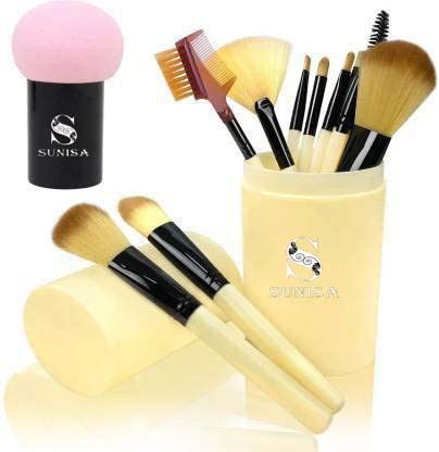 SUNISA 12-Piece Golden Soft Synthetic Bristle Makeup Brush Set with 1 Pink Mushroom Head Beauty Blender - Lightweight Professional Cosmetic Brushes for Foundation, Eyeshadow, Blending - Perfect for Travel & Everyday Makeup Routine