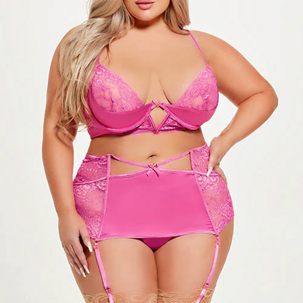 House of Desire Natasha Lace & Satin Bra Set with Garter Skirt & Thong - Plus Size Lingerie for Women | Perfect for Valentine's Day, Bridal Shower & Romantic Nights