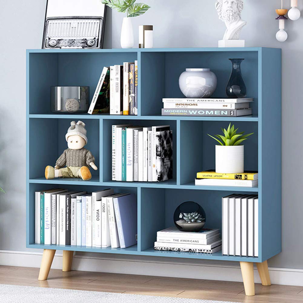 IOTXY 3-Tier Wooden Open Shelf Bookcase - Floor Standing Display Cabinet with 7 Cubes & Sturdy Legs, Bright Blue - Perfect for Living Room, Bedroom & Office Storage & Organization