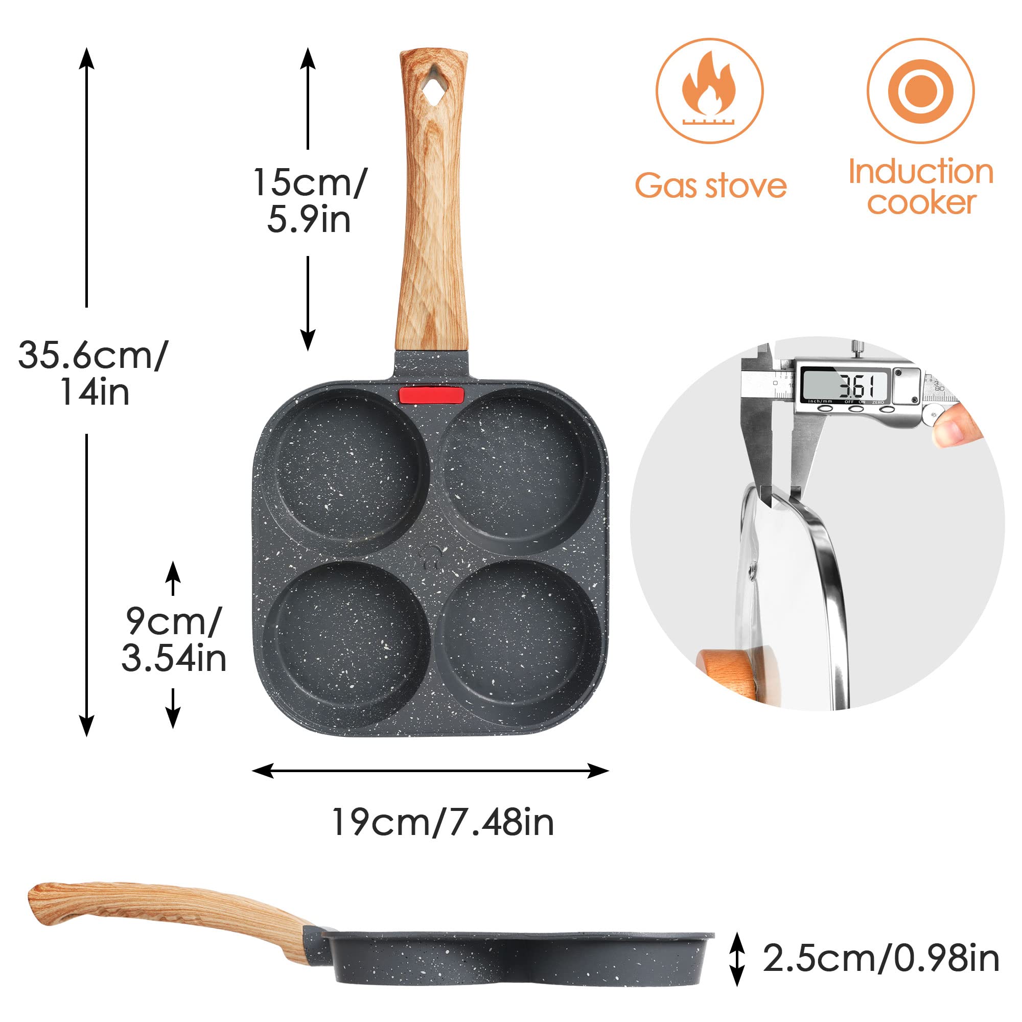 Nonstick 4-Cavity Pancake Pan with Lid - Aluminum Egg Frying Pan for Omelette, Hamburger & Breakfast - Includes Spatula, Brush & Clip - Perfect for Gas/Induction Stoves, Camping & Family Cooking