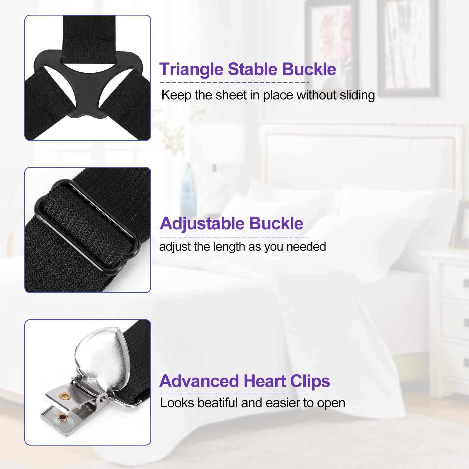 **Bed Sheet Fasteners - 4PCS Triangle Sheet Straps, 3-Way Fitted Mattress Clips for Secure Hold - Perfect for Bedding Sheets, Mattress Covers & Sofa Cushions - Keep Sheets Tight & Wrinkle-Free (Ideal for Home, Hotel, Dorm, RV Use)**