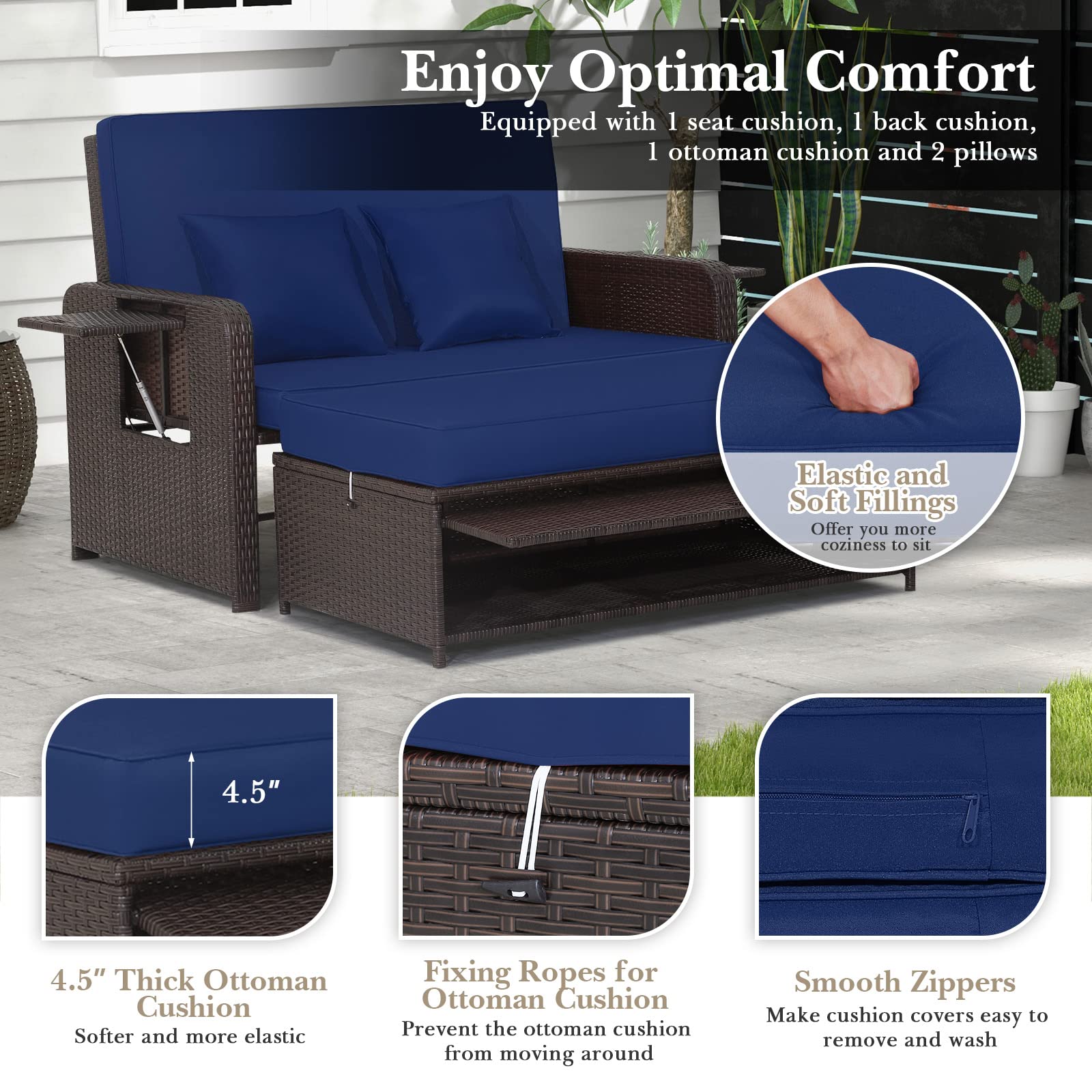 Tangkula Outdoor Rattan Daybed Set with Adjustable Backrest - Wicker Loveseat Sofa, Ottoman & Side Tray - Includes Storage Footstool & Cushions (Navy) - Perfect for Patio, Garden, Poolside & Backyard Relaxation