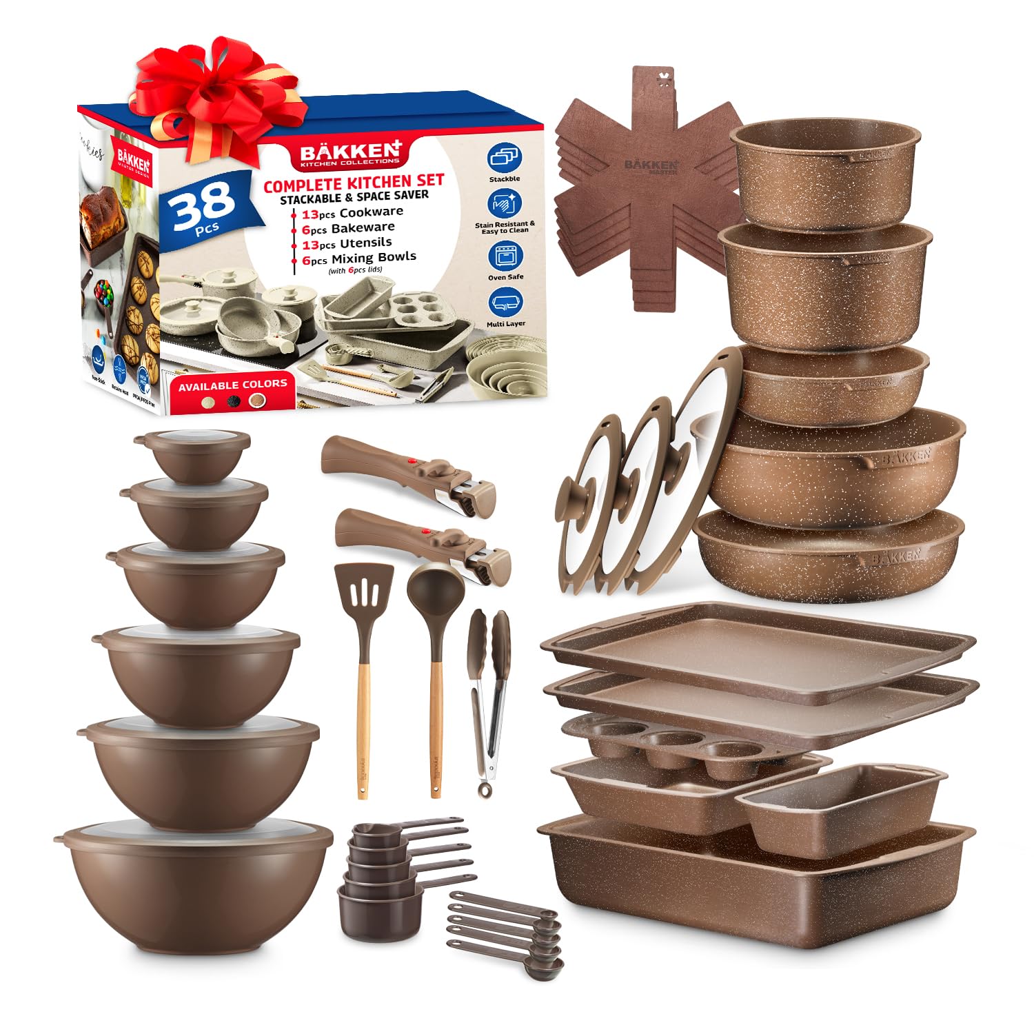 Bakken Master 38-Piece Granite Cookware and Bakeware Set - Nonstick Granite Coating Pots & Pans with Removable Handles, Tempered Glass Lids, 6-Piece Bakeware, 12-Piece Mixing Bowls - Perfect for Baking, Cooking & Meal Prep - Brown