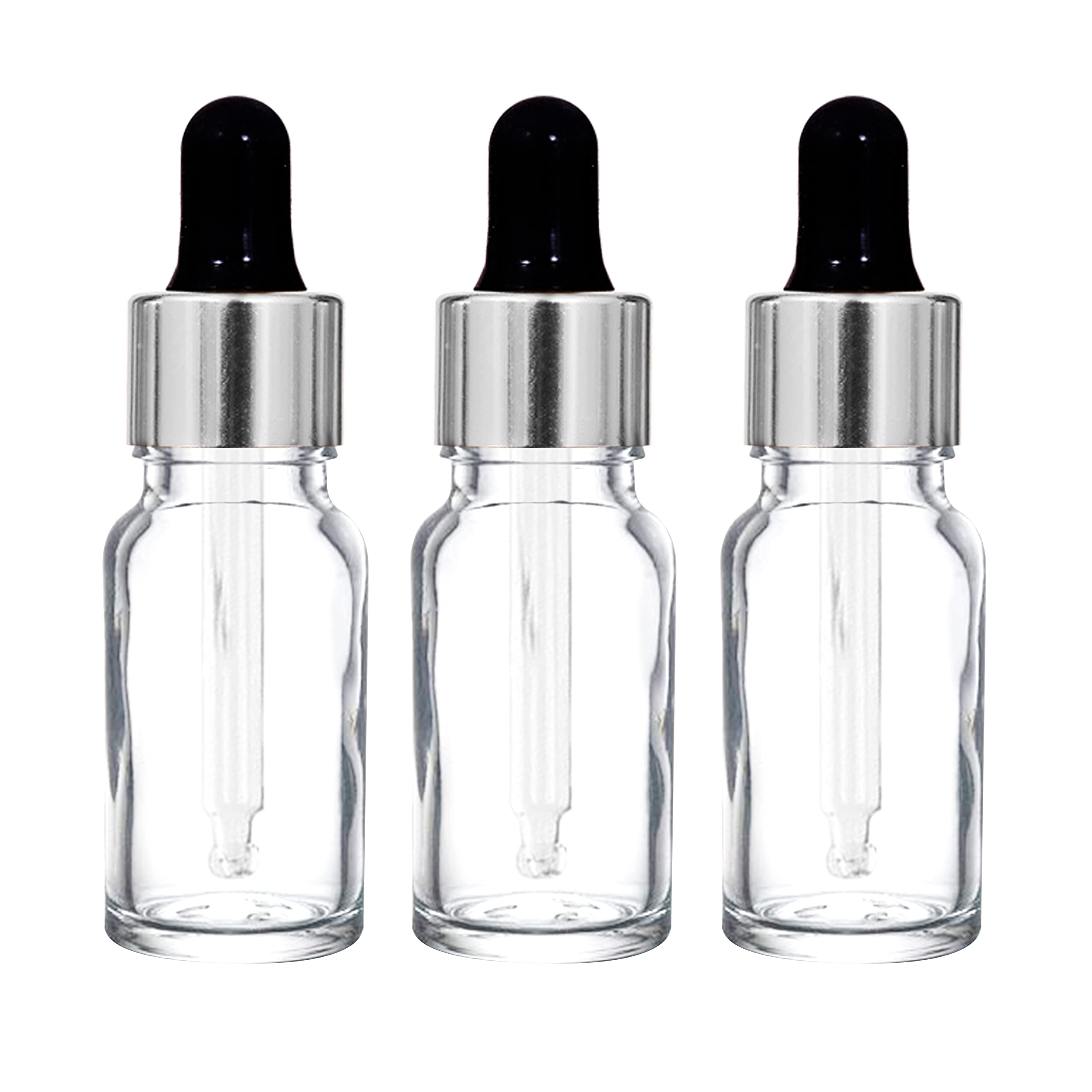 NSB Herbals 10ml Clear Round Empty Glass Bottle with Glass Dropper, Silver Ring & Black Silicone Teat - Refillable for Essential Oils, Perfumes, Aromatherapy (Pack of 3) - Perfect for DIY Blends, Travel Size & Home Fragrance