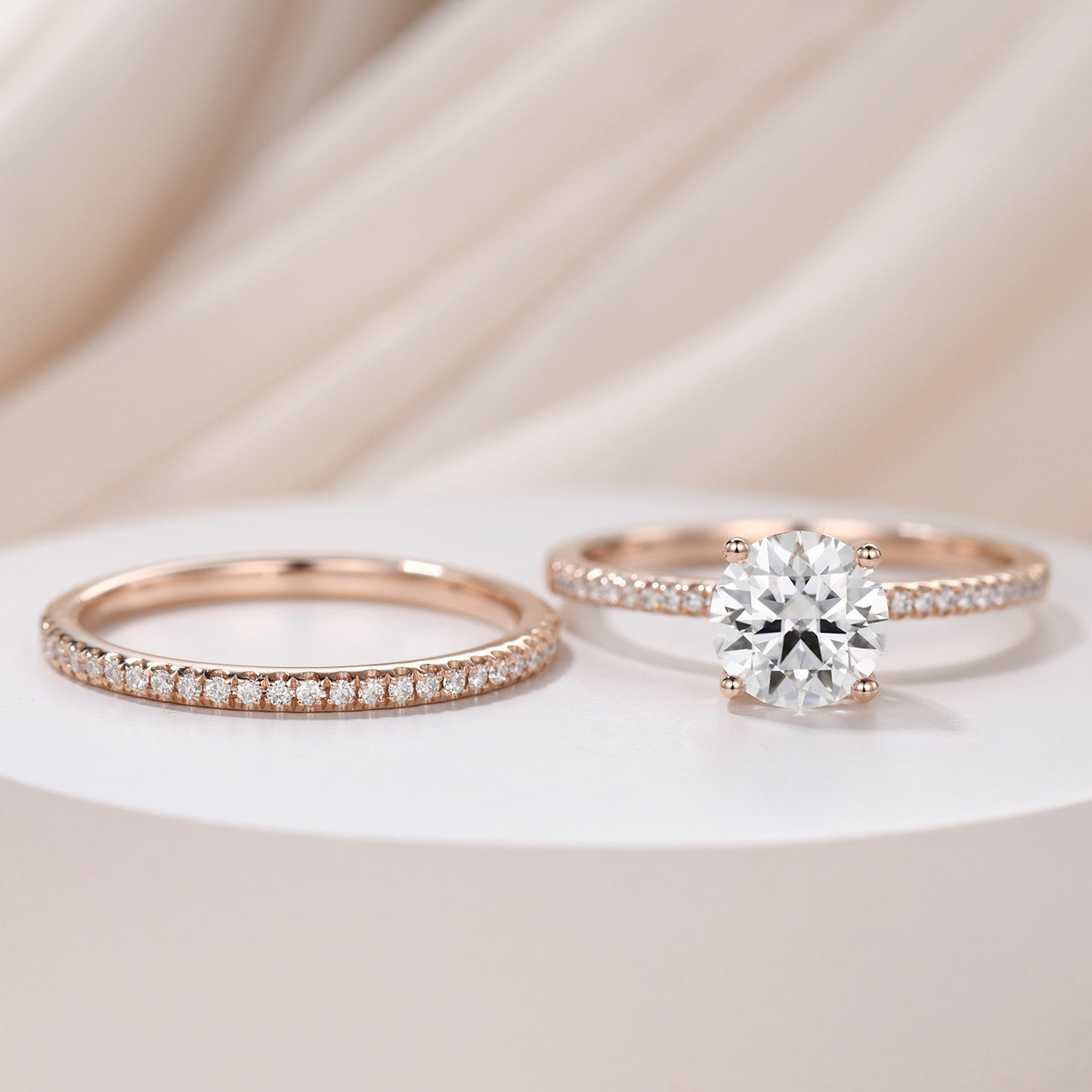 Moissanite Engagement Ring & Wedding Band Set - 7mm Round Solitaire Eternity Ring in 14K Rose Gold (D-E-F Colorless) | Perfect for Proposals, Anniversaries & Bridal Jewelry