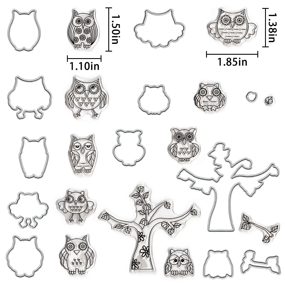 Owls Cutting Dies and Clear Stamps Set - Animal Tree Stamps with Die Cuts for Card Making, DIY Scrapbooking, Photo Albums | Birds & Wildlife Embossing Stencil Templates for Craft Decoration | Perfect for Greeting Cards, Journals, and Home Decor Projects