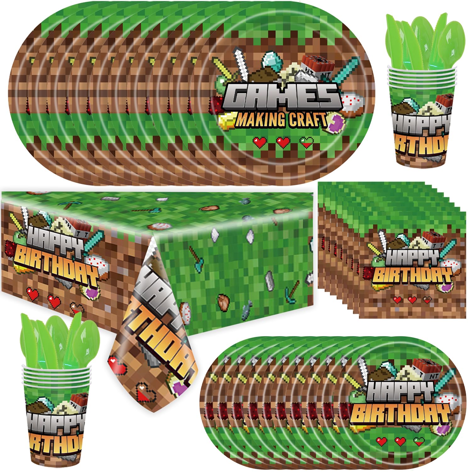 Pixel Birthday Party Decorations Set - Includes Plates, Napkins, Cutlery, Cups & Tablecloth - Video Game Theme Party Supplies for Boys, Baby Showers & Gaming Battle Events - Perfect for Kids' Birthday Parties & Themed Celebrations