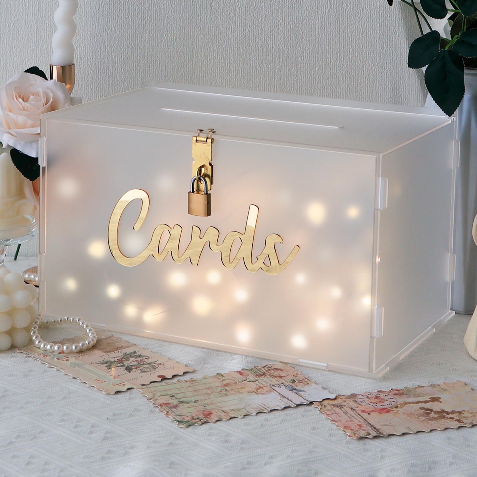 Frosted Acrylic Wedding Card Box with Lock - Large Gift Card Holder for Wedding Reception, Graduation, Baby Shower & Birthday Parties - Money Envelope Box with Slot & String Lights - Elegant Event Decorations for Special Occasions