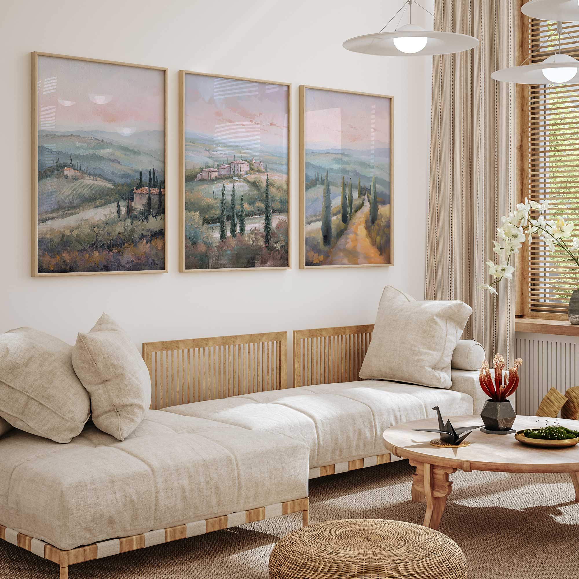 Tuscany Sunset Landscape Art Prints - Set of 3 High-Quality Archival Matte Paper Wall Decor for Living Room, Bedroom & Office