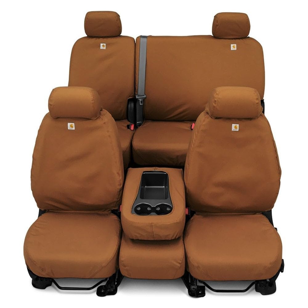 Covercraft Carhartt SeatSaver Custom Seat Covers for 2021-2025 Ford F-150 (Including Lightning) & 2023-2025 F-250/F-350/F-450 | 1st Row Bucket Seats | Durable Duck Weave Brown Fabric | Perfect for Work Trucks, Off-Roading & Daily Commute