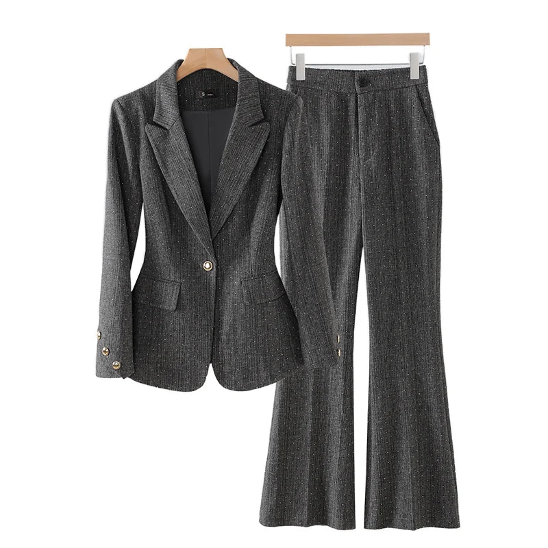 2024 Women's Gray Two-Piece Office Suit Set - Single Button Diamond Blazer & High Waist Wide Leg Pants | Fall Winter Workwear, Business Formal Attire, Professional Outfits for Women