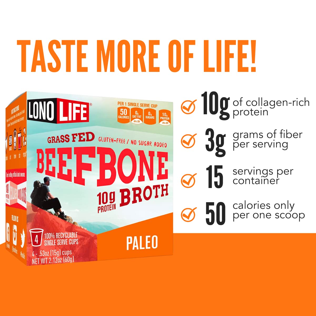 LonoLife Grass-Fed Beef Bone Broth Powder Mix - 10g Protein, Collagen Rich, Keto & Paleo Friendly - 10 Single-Serve Cups - Natural Ingredients for Soups, Stews & Healthy Lifestyle