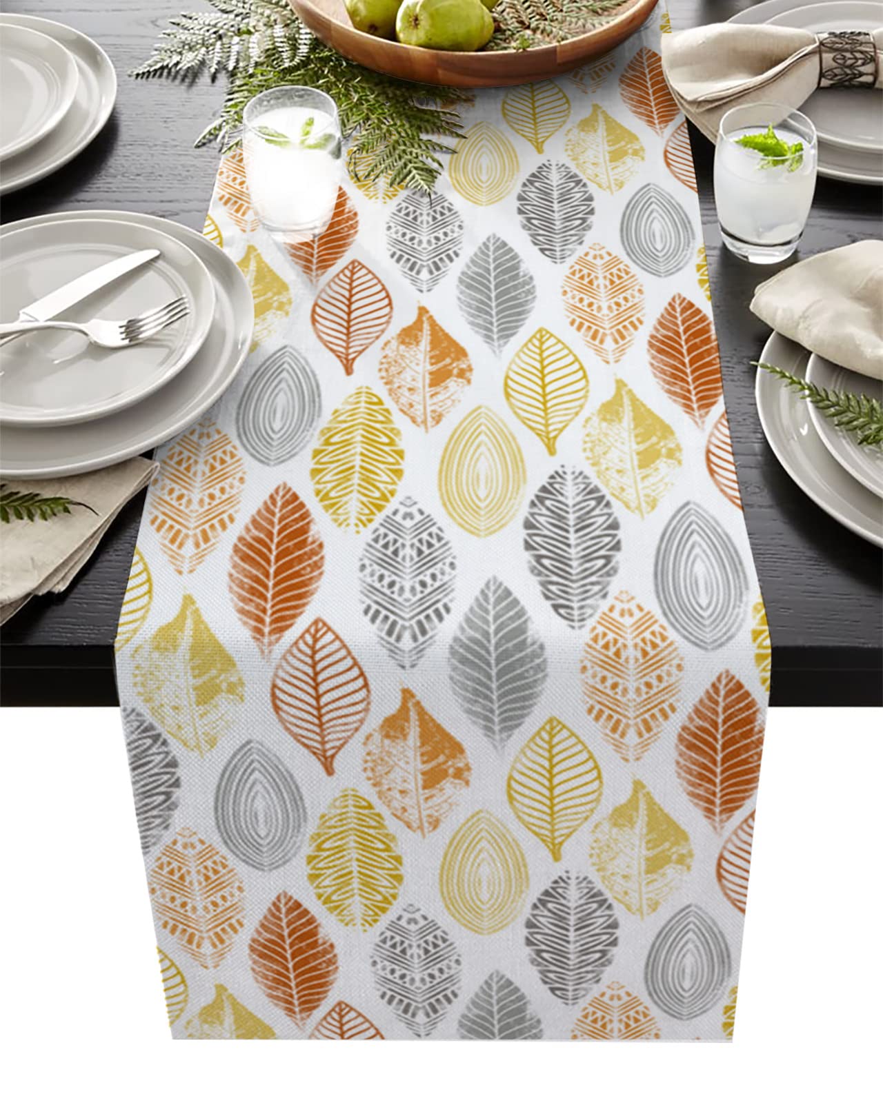 Cotton Linen Table Runner 72 Inch - Farmhouse Kitchen Dining Table Decor with Orange Yellow Grey Leaf Pattern, Coffee Table Scarf for Summer Fall Wedding Party Banquet Home Decor | Perfect for Farmhouse, Rustic, and Boho Style Dining Tables