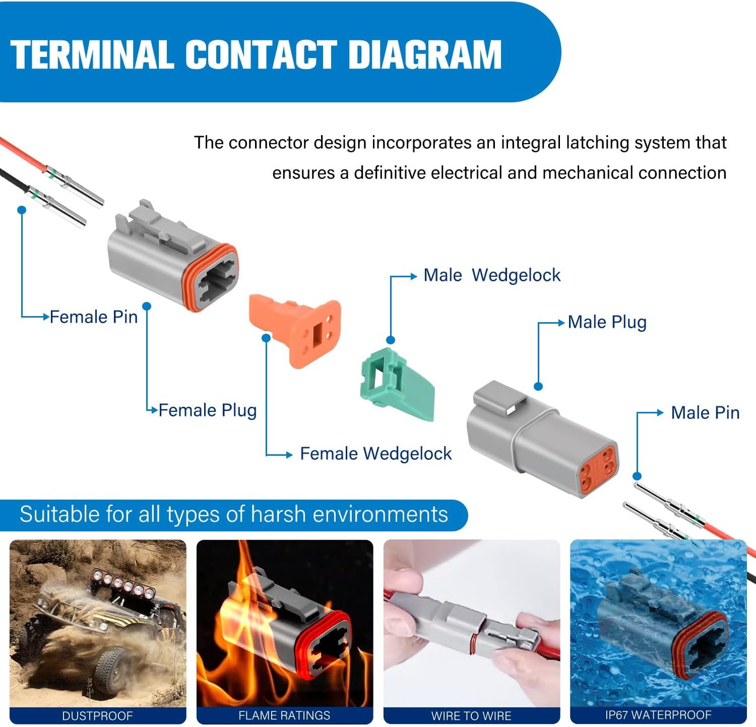 4 PIN DT Connector Kit - 3 Sets with 16 AWG Solid Contacts, Waterproof Male & Female Terminals for 14-20 AWG Wires - Ideal for Automotive, Marine, and Outdoor Electrical Applications