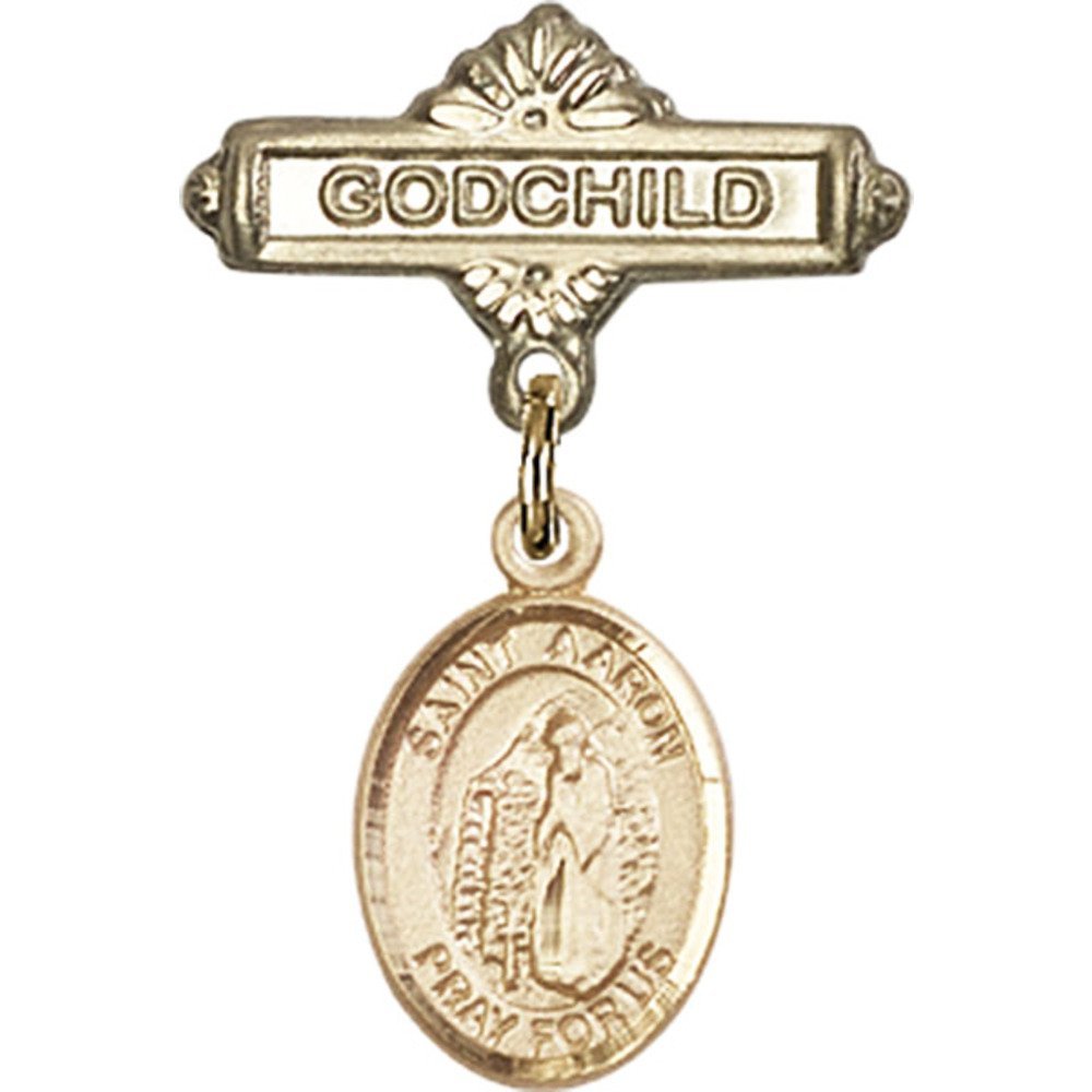 Gold Filled Baby Badge with St. Aaron Charm - 1 X 5/8 Inch Godchild Gift Pin - Perfect for Baptism, Christening & Baby Shower Gifts
