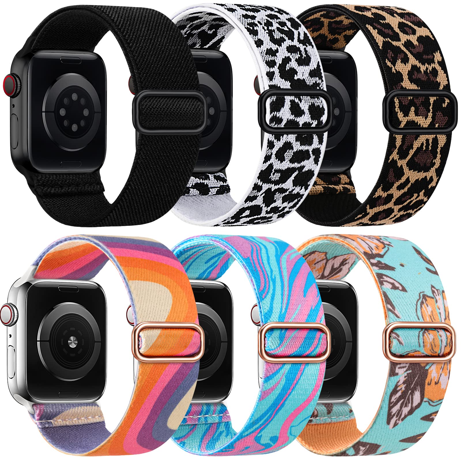 Stretchy Nylon Sport Bands for Apple Watch 38mm 40mm 41mm 42mm 44mm 45mm - Adjustable Braided Elastic Solo Loop Compatible with iWatch SE Series 8/7/6/5/4/3/2/1 - 6 Pack for Women & Men - Perfect for Workouts, Running, Swimming & Everyday Wear