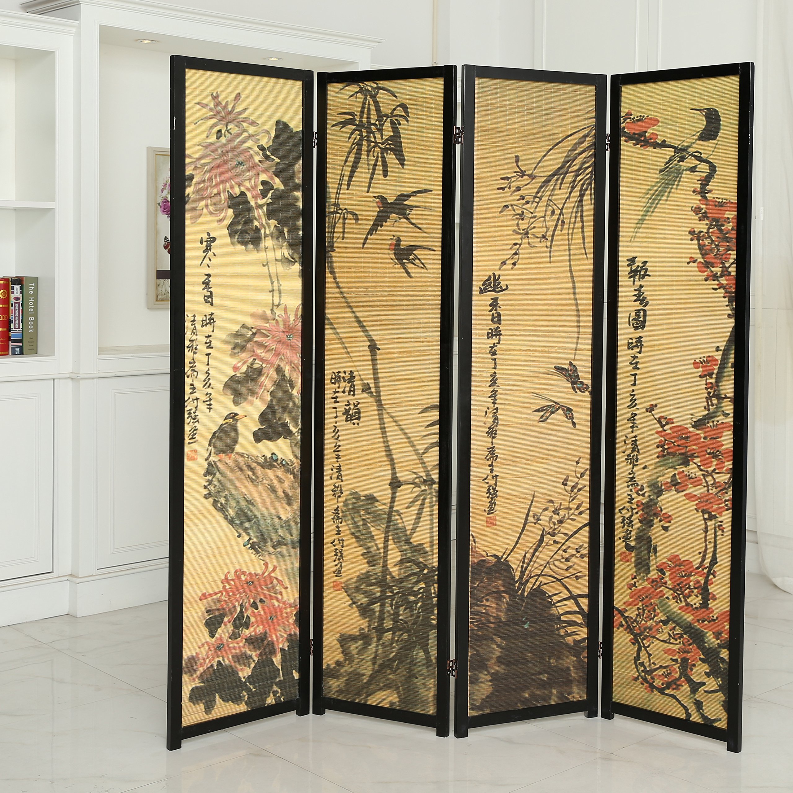 MyGift 4 Panel Bamboo Room Divider with Chinese Calligraphy Design - Freestanding Folding Screen with Black Wood Frame for Home, Office & Event Decor | Perfect for Privacy, Partition & Asian-Inspired Interior Design