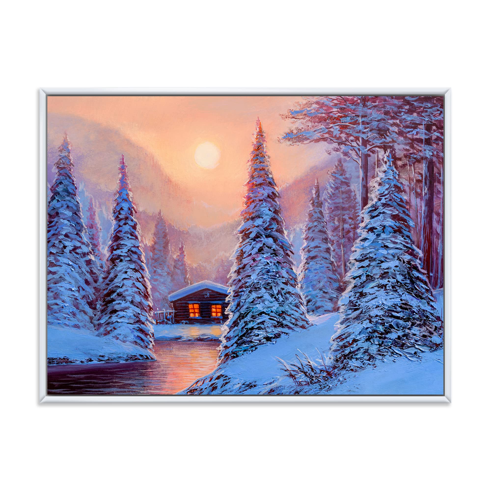 Winter Landscape & The River House In The Woods Framed Canvas Wall Art - Lake House Decor for Living Room, Bedroom & Office - Nature Scenery Painting for Home & Cabin Decoration