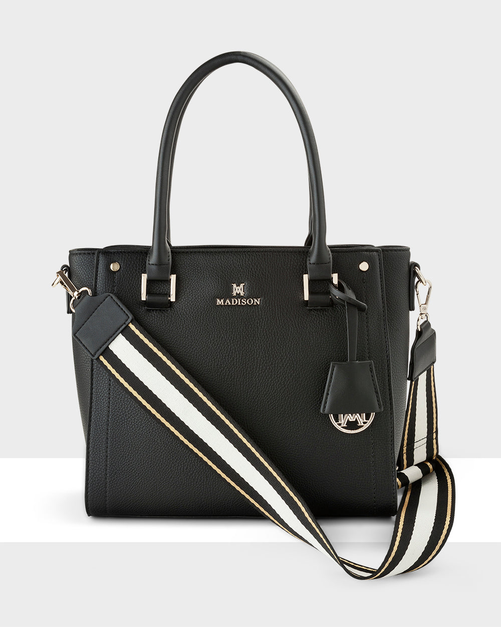 Angie Medium 3 Compartment Satchel Bag with Metallic Stripe Strap - Stylish Crossbody Purse for Women, Work, Travel & Everyday Use