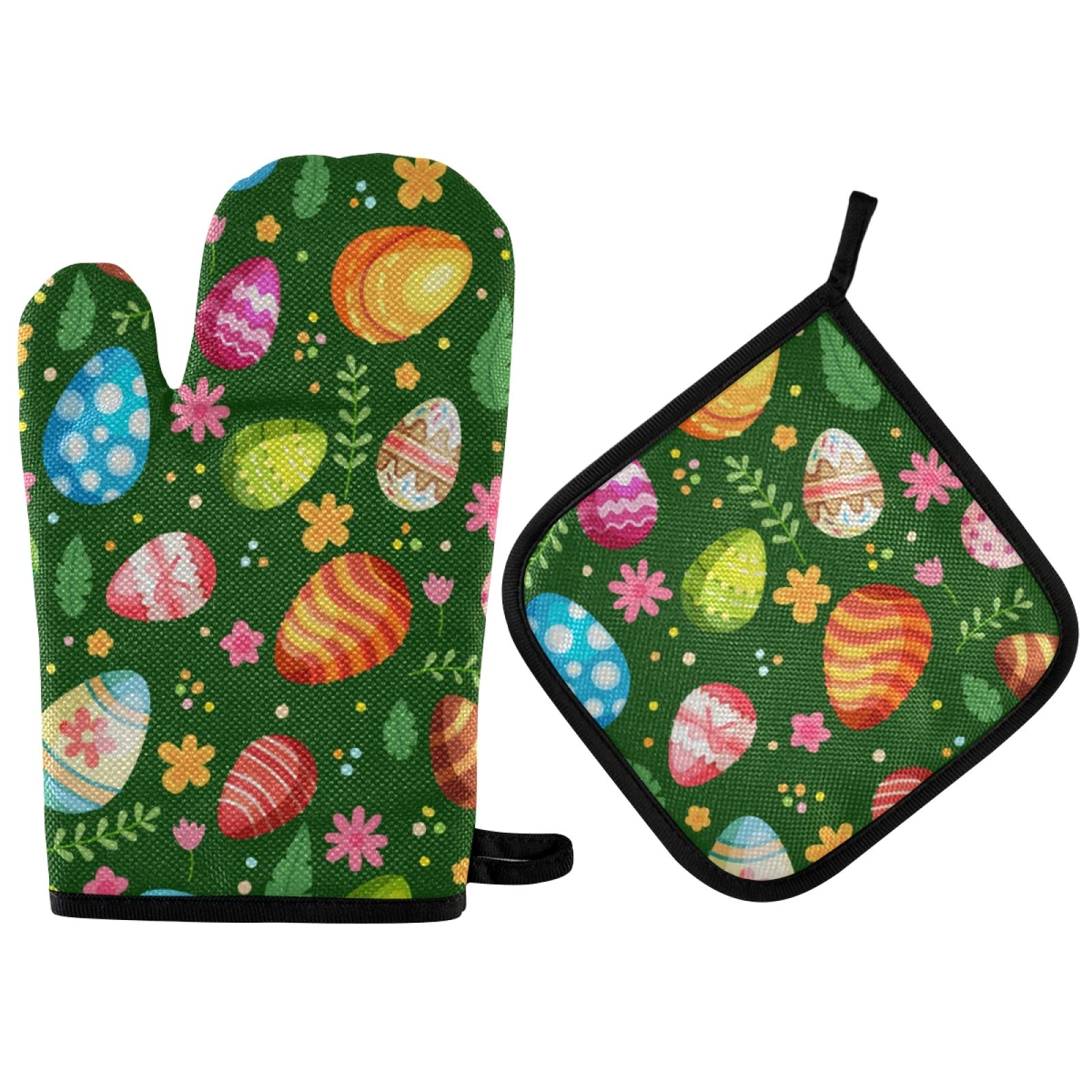 Aflyko Easter Eggs Floret Oven Mitt and Pot Holder Set - Heat Resistant Kitchen Gloves for Baking, Cooking, BBQ - Perfect Gift for Home Chefs & Holiday Kitchen Decor
