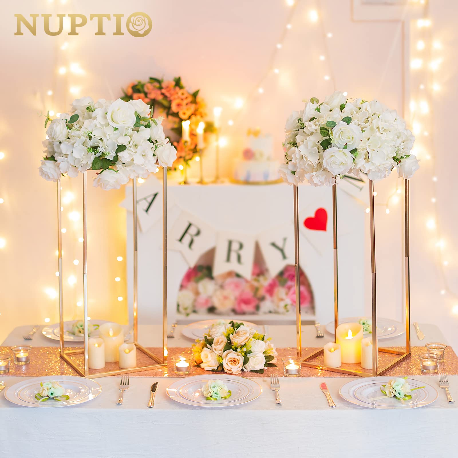 NUPTIO 10-Pack 23⅝ Inch Tall Gold Metal Vase Column Stands with Acrylic Panels - Elegant Wedding Centerpieces, Flower Stands for Table Decorations - Perfect for Weddings, Parties, Banquets & Special Events