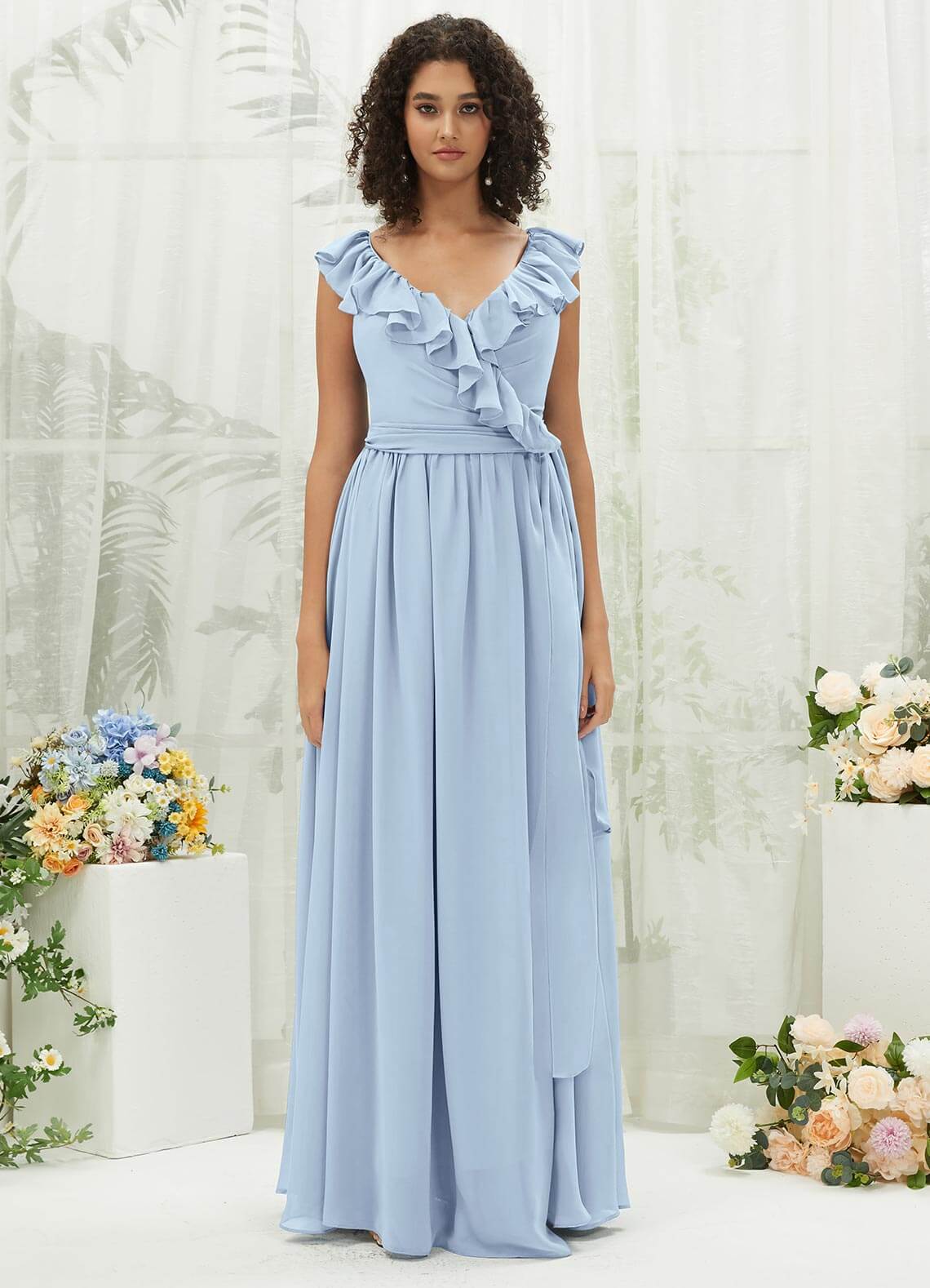 Cornflower Blue Chiffon Bridesmaid Dress with Ruffle Cross Straps & V-Neck Wrap - Perfect for Weddings, Formal Events & Evening Parties